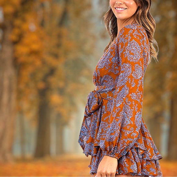 Floral Print Deep V-Neck Romper Double Layer Ruffle Waist Tie Romper, L - BNWOT - Picture 6 of 9